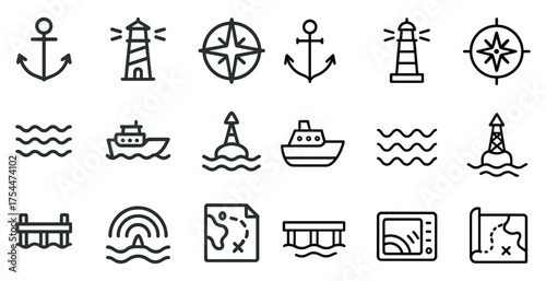 Nautical and marine outline icons set – line, flat, sailing and ocean symbols