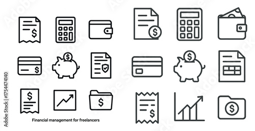 Financial management line icons set – outline, budget, accounting symbols