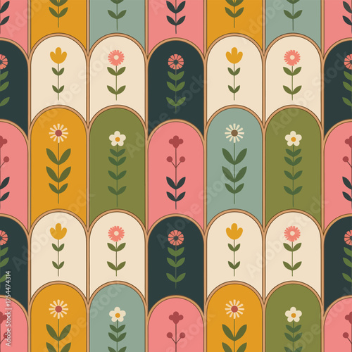 Charming flat vector seamless pattern of folk art flowers and arches scalable eps illustration silhouette White background
