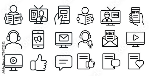 News and media outline icons set – linear, communication, broadcasting symbols
