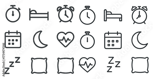 Sleep and relaxation icons set - line, outline, bedtime and rest symbols
