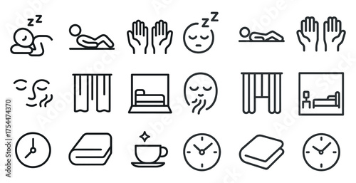 Sleep and relaxation line icons set – outline, restful, bedtime symbols