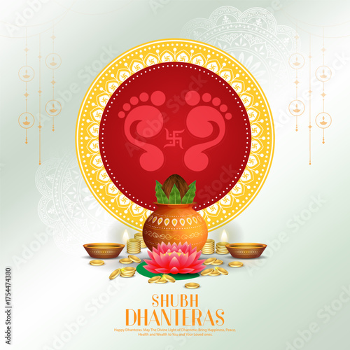 Happy Dhanteras Celebration - Poster Template Design With Pots of Gold Coin, Diya and Decorative Arch. Auspicious Hindu Festival Symbolizing Prosperity and Wealth. Hindu Festival Background.