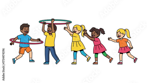 Joyful Childhood Play: Five children joyfully engage in playful activities with hula hoops, embracing the carefree spirit of childhood and the simple pleasures of outdoor fun.