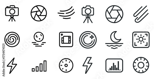Photography and camera line icons set – outline, linear, photo and lens symbols