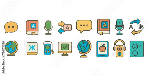 Communication and translation icons set – flat, filled, global and language tools
