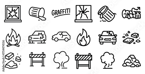 Vandalism and damage outline icons set - linear, line, destruction symbols