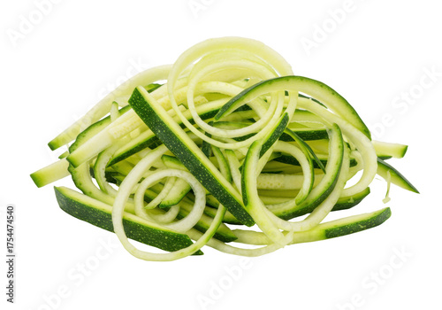 Isolated pile of fresh raw zucchini noodles ready to be cooked, healthy spiralized pasta