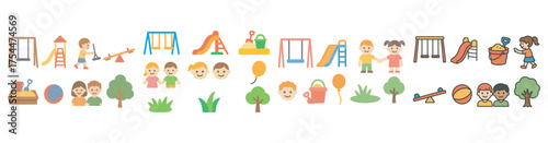 Playground and kids flat icons set - children, play, park illustrations