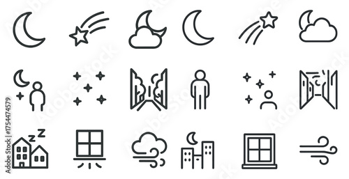 Night sky line icons set – outline, celestial, astral elements and symbols