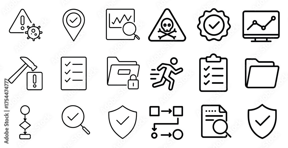 Fototapeta premium Safety and compliance icons set – linear, outline, security and regulation symbols