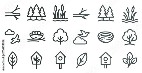 Nature and wildlife outline icons set – linear, eco, forest and habitat symbols