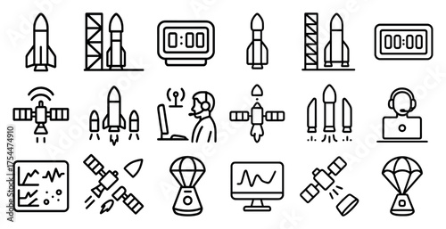 Space exploration line icons set – flat, solid, astronaut and satellite symbols