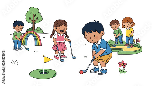Kids mini golf : Charming illustration depicts children enjoying a cheerful mini golf game.