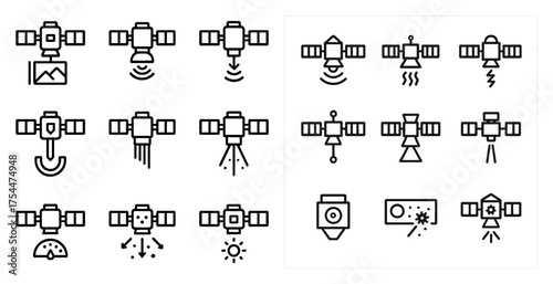 Satellite and space line icons set – outline, silhouette, cosmic exploration symbols