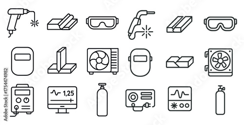 Welding and safety linear icons set – outline, industrial, equipment symbols