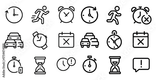 Time management linear icons set – outline, schedule, productivity symbols
