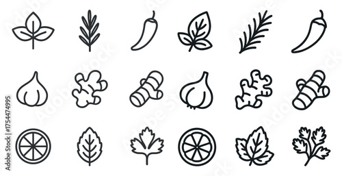 Herbs and spices outline icons set – flat, culinary, flavor design symbols