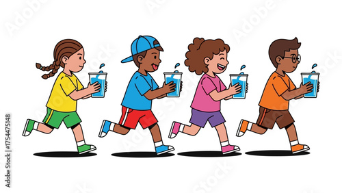 Joyful Hydration Race: A vibrant illustration capturing a group of cheerful kids sprinting, each clutching a refreshing glass of water.