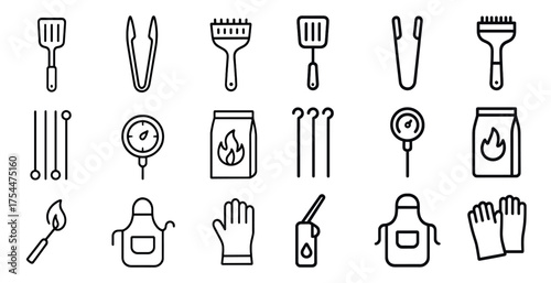 Bbq and grilling outline icons set – tools, utensils, cooking essentials