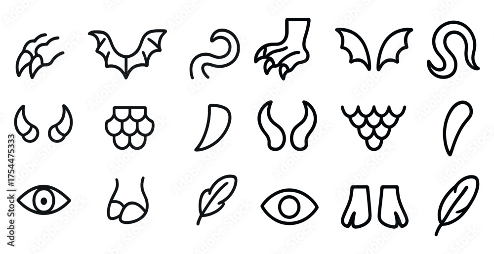 Obraz premium Mythical creature outline icons set – silhouette, linear, fantasy monster symbols