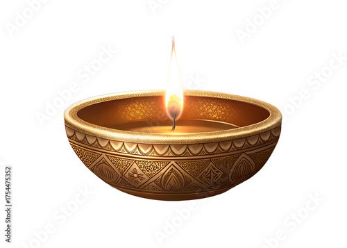 Traditional Indian Diya oil lamp with glowing flame, golden metallic texture, detailed lighting effect