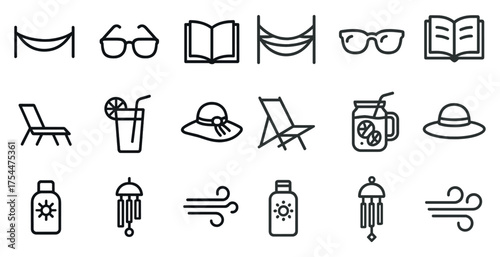 Summer and relaxation line icons set – flat, outline, leisure and vacation symbols