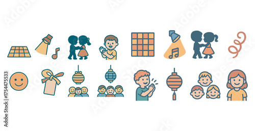 Children's party outline icons set – fun, celebration, kids activity symbols