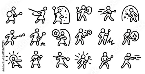 Fantasy warriors outline icons set – silhouette, adventure, gaming symbols