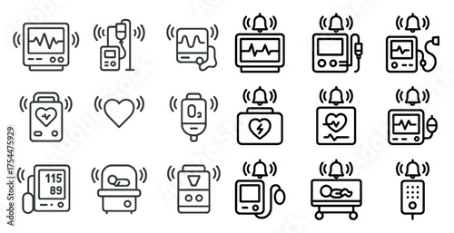 Medical monitoring outline icons set – vital signs, healthcare, diagnostic symbols