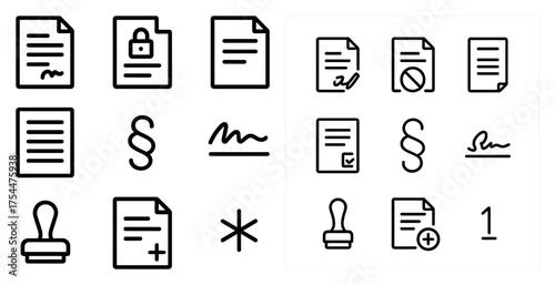 Document management outline icons set – files, security, organization graphics