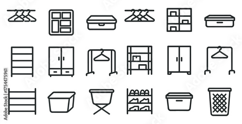 Wardrobe and storage linear icons set – closet, organization, outline symbols