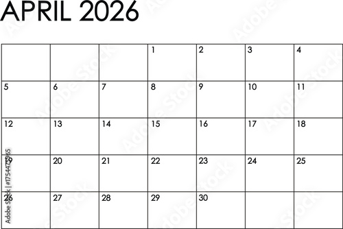 April 2026 month calendar - Sunday to Saturday format. Simple black and white design	
