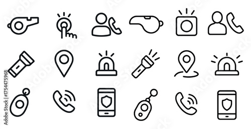Emergency and safety icons set in outline style – alert, protection, security symbols