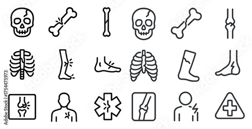 Medical and healthcare outline icons set – flat, skeletal, anatomy symbols