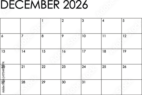 December 2026 month calendar - Sunday to Saturday format. Simple black and white design	
