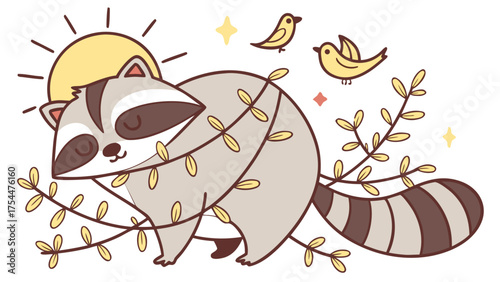 Creative SVG: Peaceful Raccoon with wrapped in fairy lights in a Sunny Mornings colored Morning sunshine theme