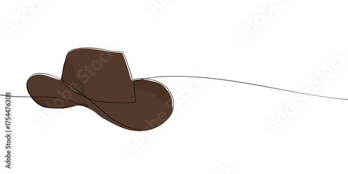 Continuous line drawing of a brown cowboy hat. Minimal vector outline illustration of headwear, western style accessory, fashion design, or clothing template
