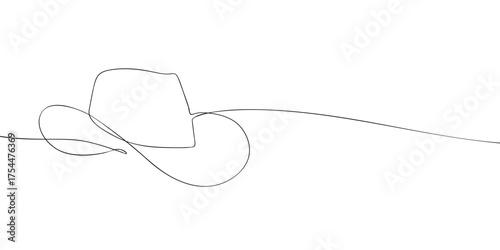 Continuous line drawing of a wide-brim hat. Minimalist one line illustration of headwear for fashion, clothing, boutique, and design template