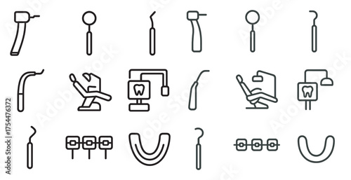 Dental tools outline icons set – linear, filled, oral hygiene and dentistry symbols