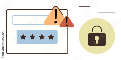 Login form with password field, warnings for potential risks, lock symbol for security emphasis. Ideal for online safety, data protection, authentication, privacy, cybercrime alert, login process