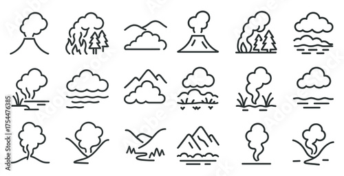 Volcano and nature outline icons set – line, silhouette, eruption and landscape symbols