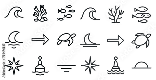 Marine life outline icons set – aquatic, ocean, sea creature symbols