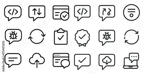 Web development outline icons set – coding, programming, tech symbols