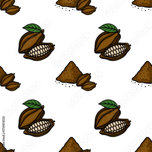 Seamless vector pattern featuring hand-drawn cocoa pods and cocoa powder, evoking a rich, natural, and sweet confectionery theme.