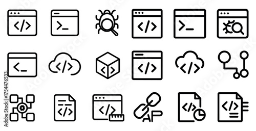 Coding and web development line icons set – outline, code, software tools
