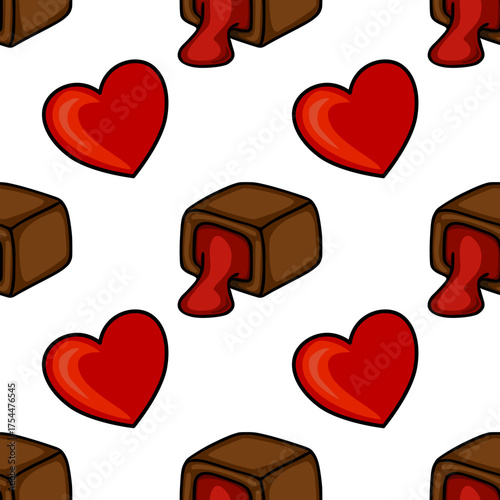 A seamless vector pattern featuring delightful chocolate bonbons with gooey red filling and vibrant red hearts, perfect for sweet-themed backgrounds.