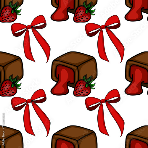Seamless vector pattern featuring stylized chocolate confections filled with red jam, complemented by vibrant red bows and fresh strawberries, creating a delightful and festive design.