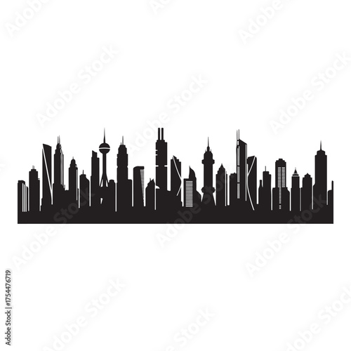 A sleek black silhouette of a modern city skyline against a white background, capturing the essence of urban architecture, isolated on white background