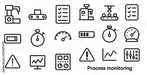 Manufacturing and industry outline icons set – production, process, automation symbols